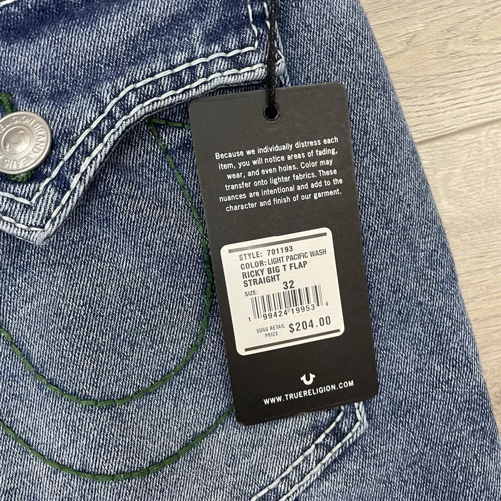 True Religion Ricky Big T Flap Relaxed Straight Jeans Sz 32x34 Light Pacific Was